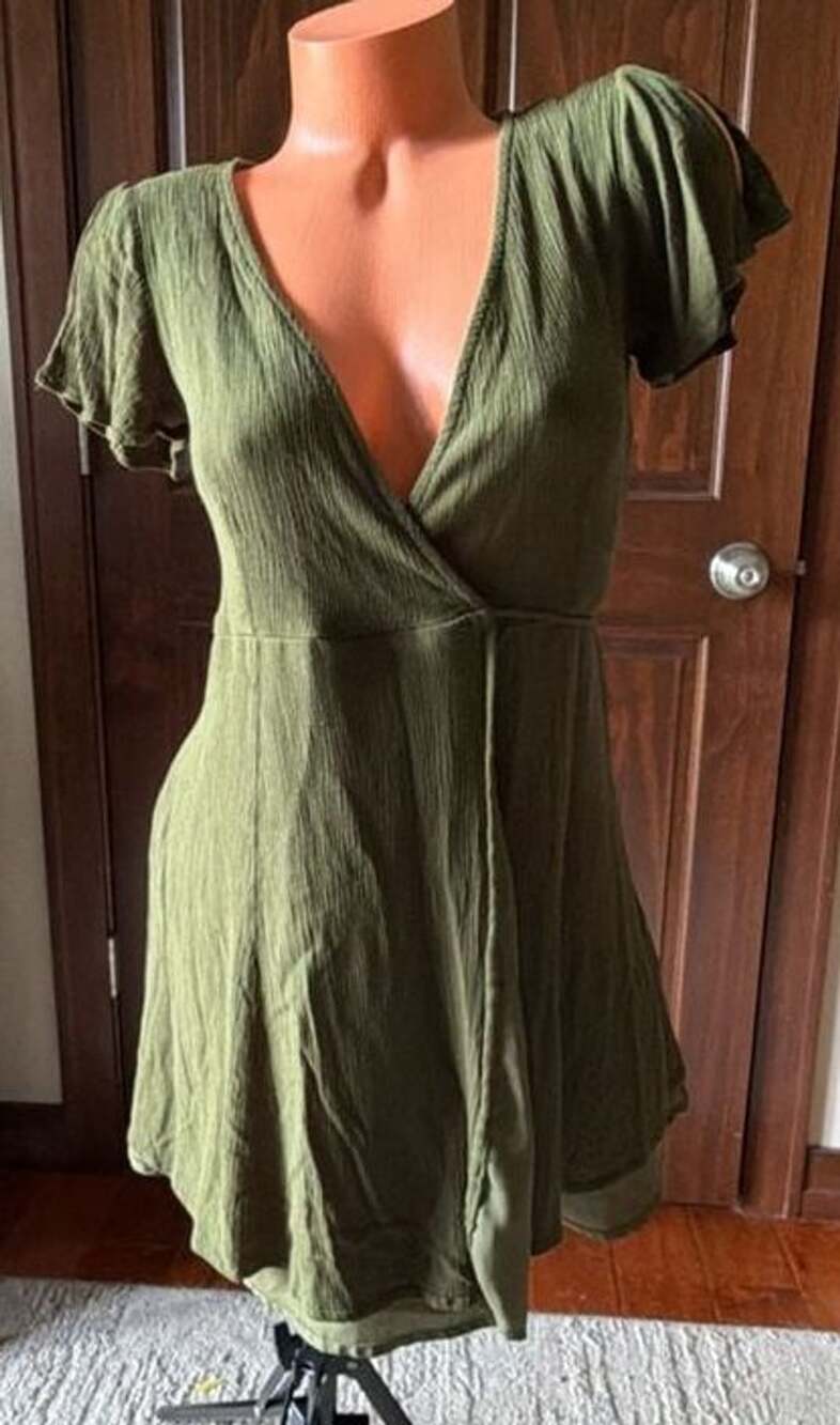 Lulus Olive Green Short Sleeve Crinkle Gauze Wrap Mini Dress